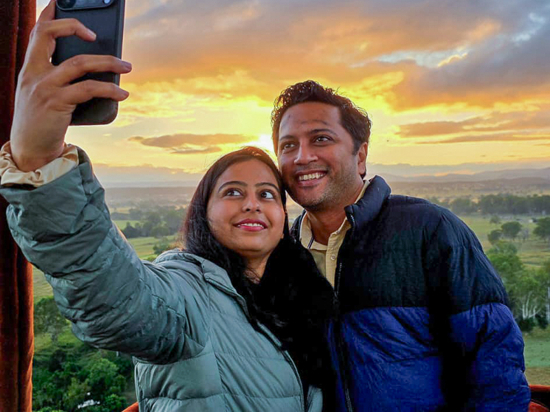 Taking a selfie whilst enjoying a hot air balloon flight