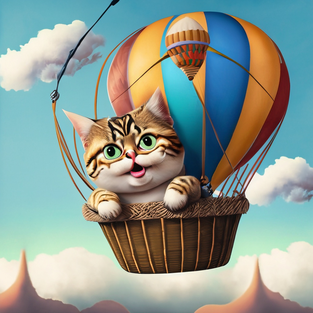 A cute cartoon cat enjoying a solo hot air balloon flight