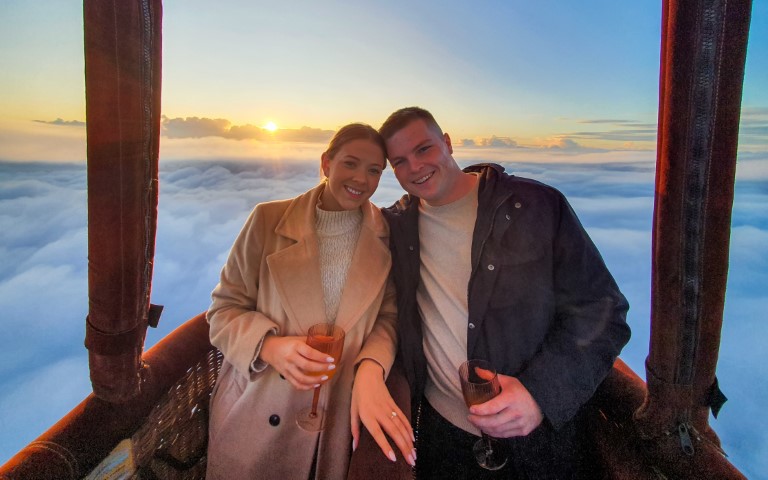 Jackson and Georgina engagement in a hot air balloon