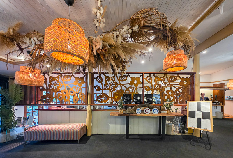 Interior of Rainforest Restaurant Tamborine Mountain Glades - rattan pendant lights and botanical decor