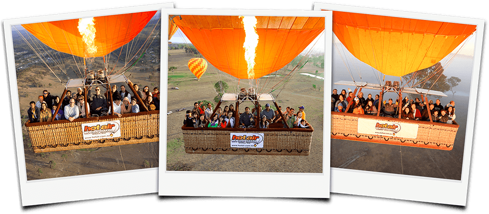 3 photos of people flying in balloon basket
