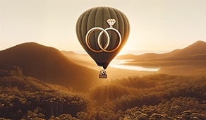 Image representing a hot air balloon and wedding rings signifying elopement
