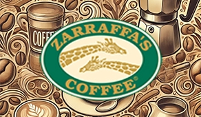 Zarraffa's coffee logo over a coffee themed pattern